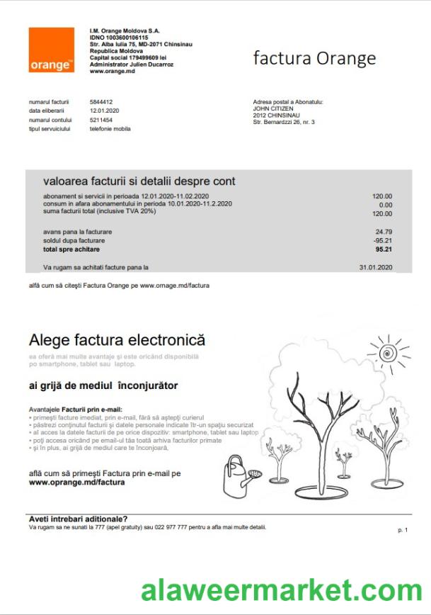 Moldova Orange Factura utility bill template in Word and PDF format